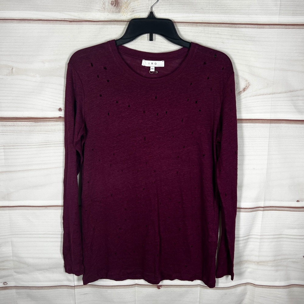 IRO Marvina Distressed Top Women XS Burgundy Solid Long Sleeve Linen T-Shirt